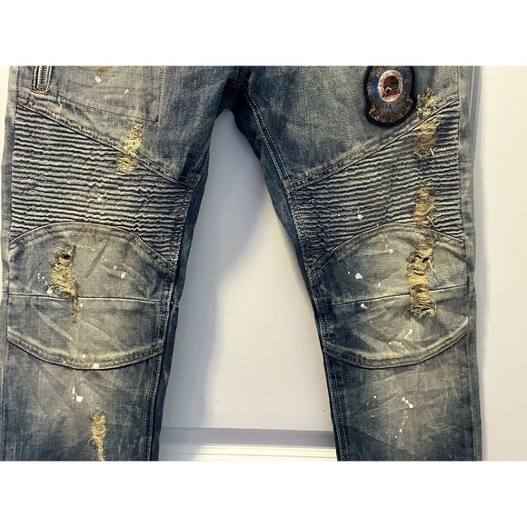 AKOO Mens Jeans  Slim Fit Blue‎ Denim Distressed Trust Nothing Patch  34W x 32L - Picture 3 of 9